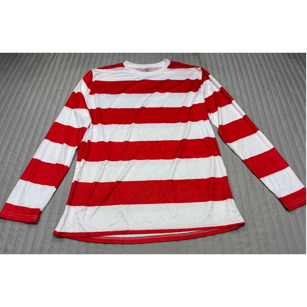 Wheres Waldo Costume Shirt Red White Striped Long Sleeve Mens Size Large sm flaw